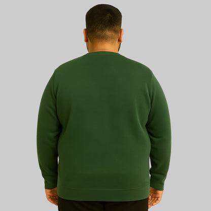 Hunter green athletic fleece crewneck sweatshirt with long sleeves, classic fit, and small vintage-style logo displayed on a studio background.