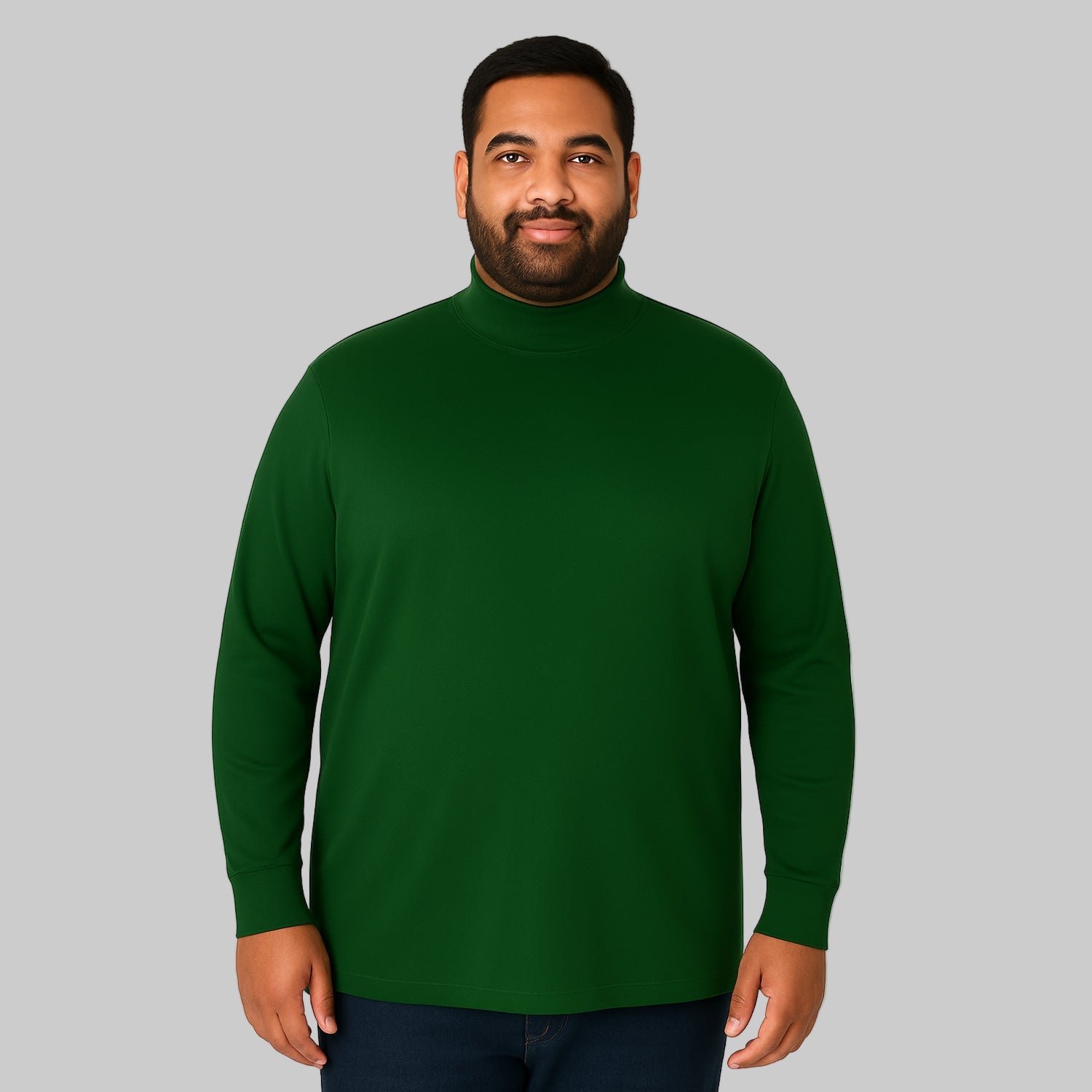 Plus-size Pakistani male model wearing hunter green mock neck long sleeve cotton tee on a light-gray background, front and back view.