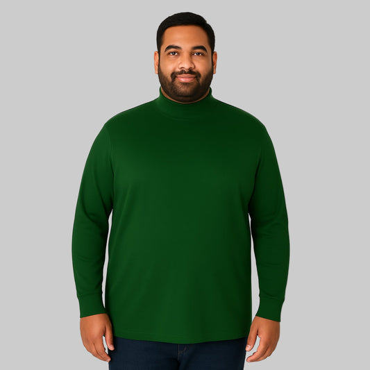 Plus-size Pakistani male model wearing hunter green mock neck long sleeve cotton tee on a light-gray background, front and back view.