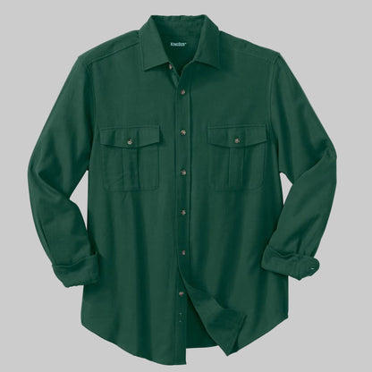 Hunter green solid flannel shirt with horn buttons and chest flap pockets, made from soft double-brushed cotton.