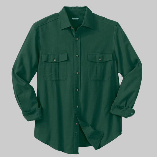 Hunter green solid flannel shirt with horn buttons and chest flap pockets, made from soft double-brushed cotton.