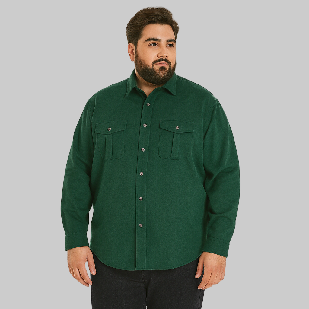 Hunter green solid flannel shirt with horn buttons and chest flap pockets, made from soft double-brushed cotton.