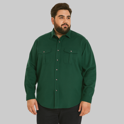 Hunter green solid flannel shirt with horn buttons and chest flap pockets, made from soft double-brushed cotton.