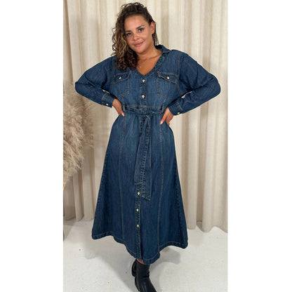 Indigo Blue Denim Midaxi Without Belt Shirt Dress PSW-8864