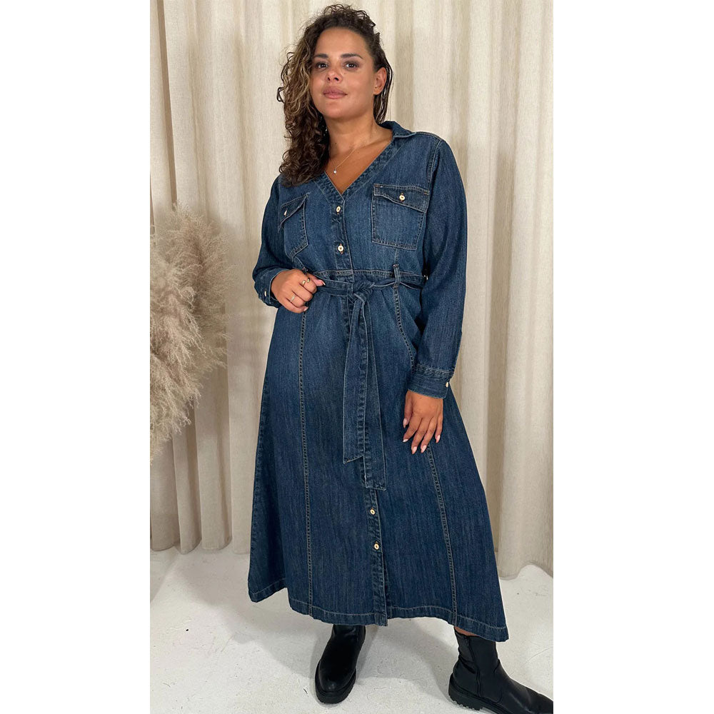 Indigo Blue Denim Midaxi Without Belt Shirt Dress PSW-8864