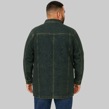 Plus-size male model wearing an indigo full-zip denim jacket with chest flap pockets and side pockets, front view on a clean studio background.