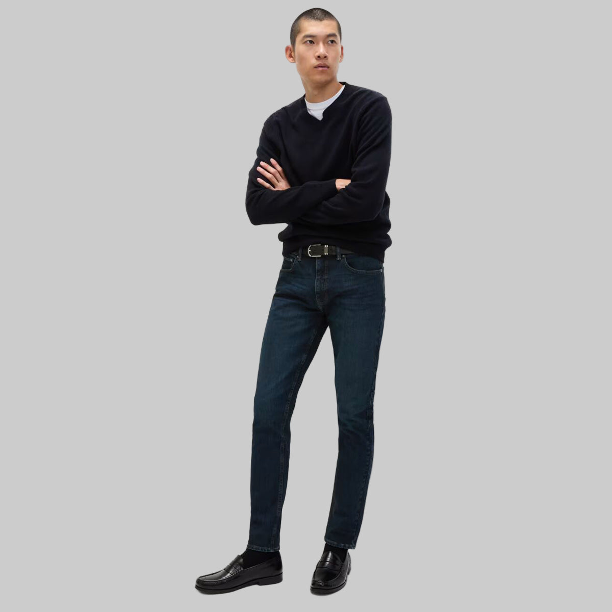 Indigo Slim Fit 360 Flex Stretch Jeans in deep blue denim, slim silhouette, classic five-pocket design, front studio view.