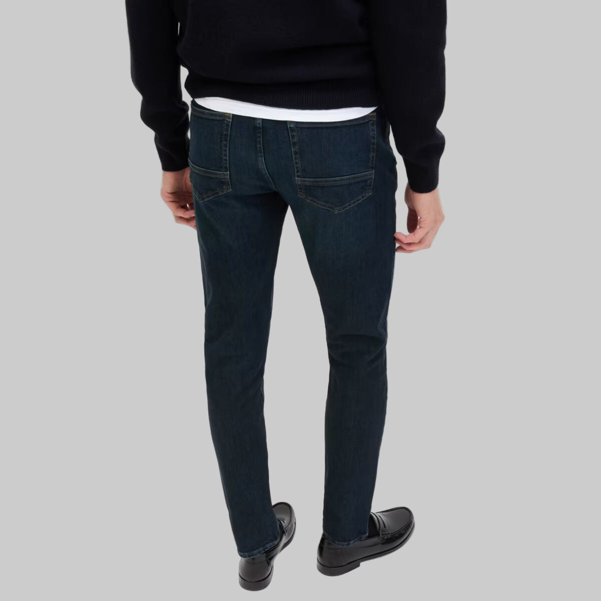 Indigo Slim Fit 360 Flex Stretch Jeans in deep blue denim, slim silhouette, classic five-pocket design, front studio view.