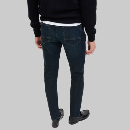 Indigo Slim Fit 360 Flex Stretch Jeans in deep blue denim, slim silhouette, classic five-pocket design, front studio view.