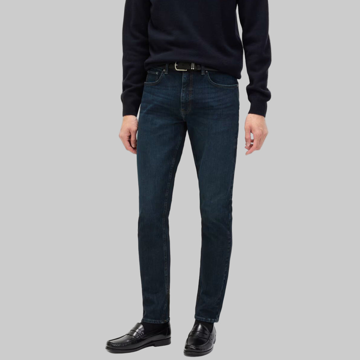 Indigo Slim Fit 360 Flex Stretch Jeans in deep blue denim, slim silhouette, classic five-pocket design, front studio view.