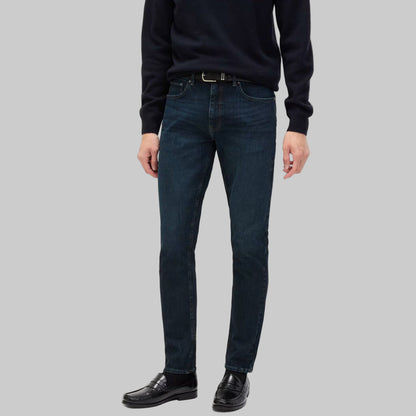 Indigo Slim Fit 360 Flex Stretch Jeans in deep blue denim, slim silhouette, classic five-pocket design, front studio view.