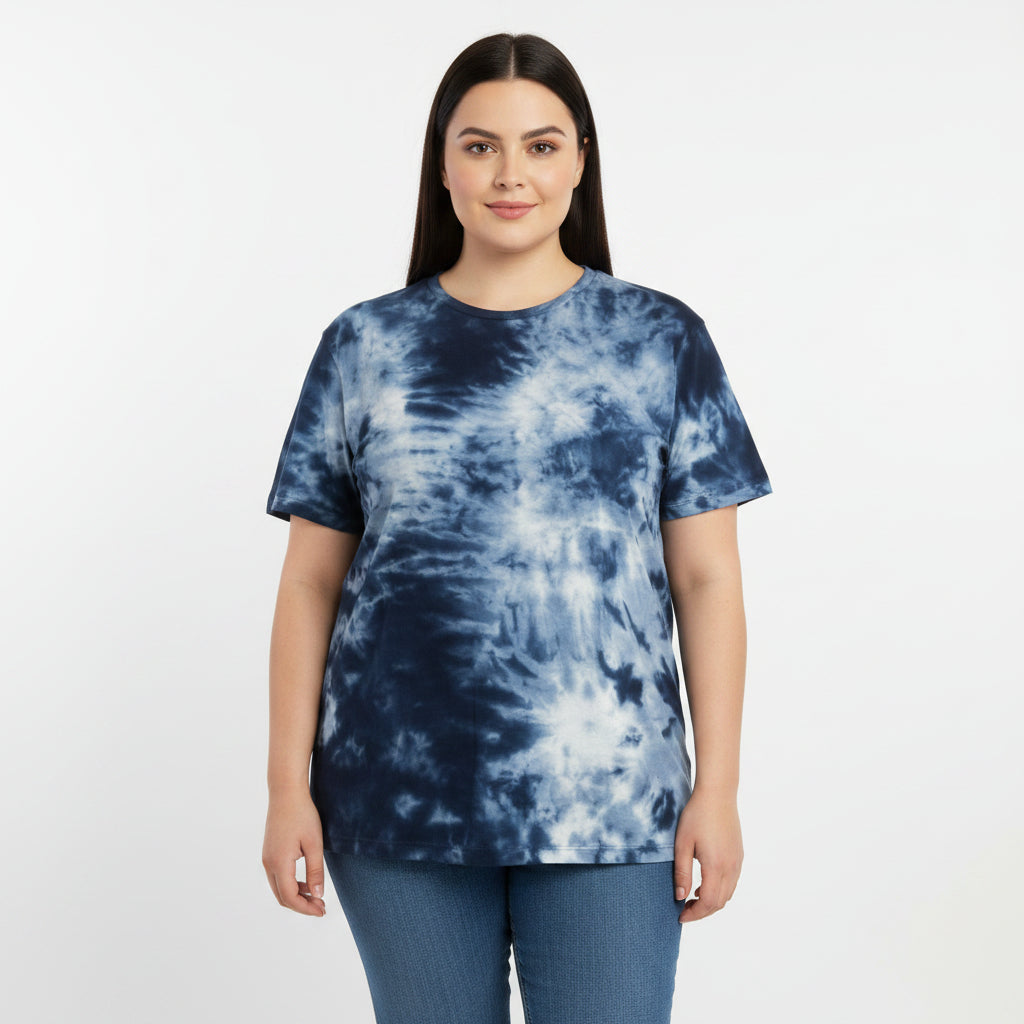 Tie-dye t-shirt with a blue and white pattern on a plain background