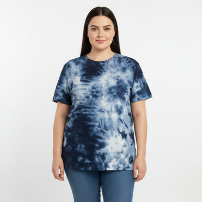 Tie-dye t-shirt with a blue and white pattern on a plain background
