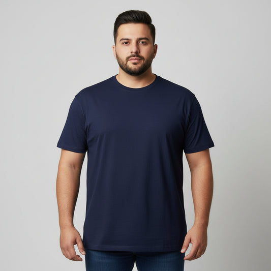 Midnight navy essential crewneck t-shirt in soft cotton fabric for plus-size men, classic fit everyday basic