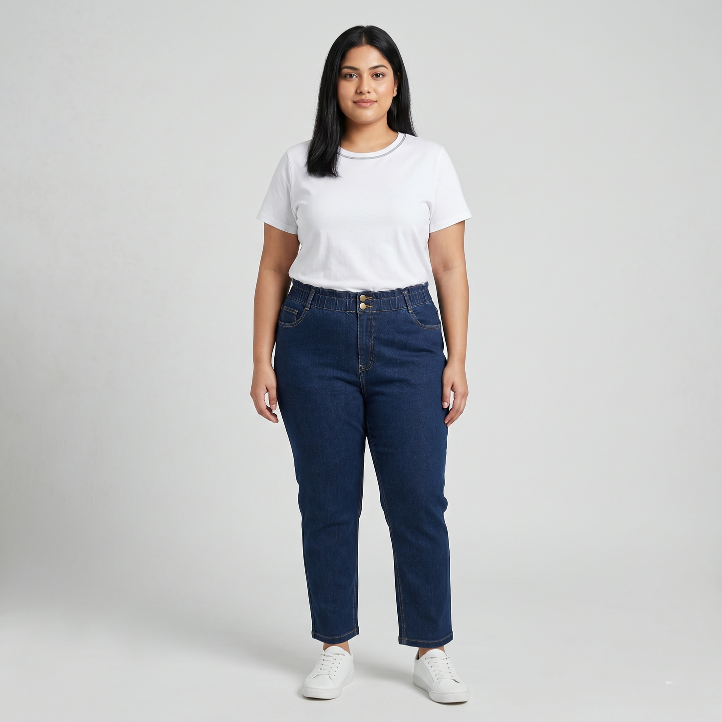 Indigo Elastic Waist Slim Straight Denim Pants PSW-11083