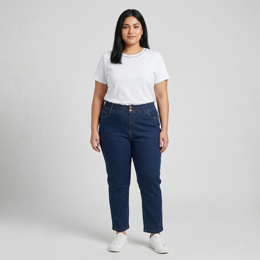 Indigo Elastic Waist Slim Straight Denim Pants PSW-11083