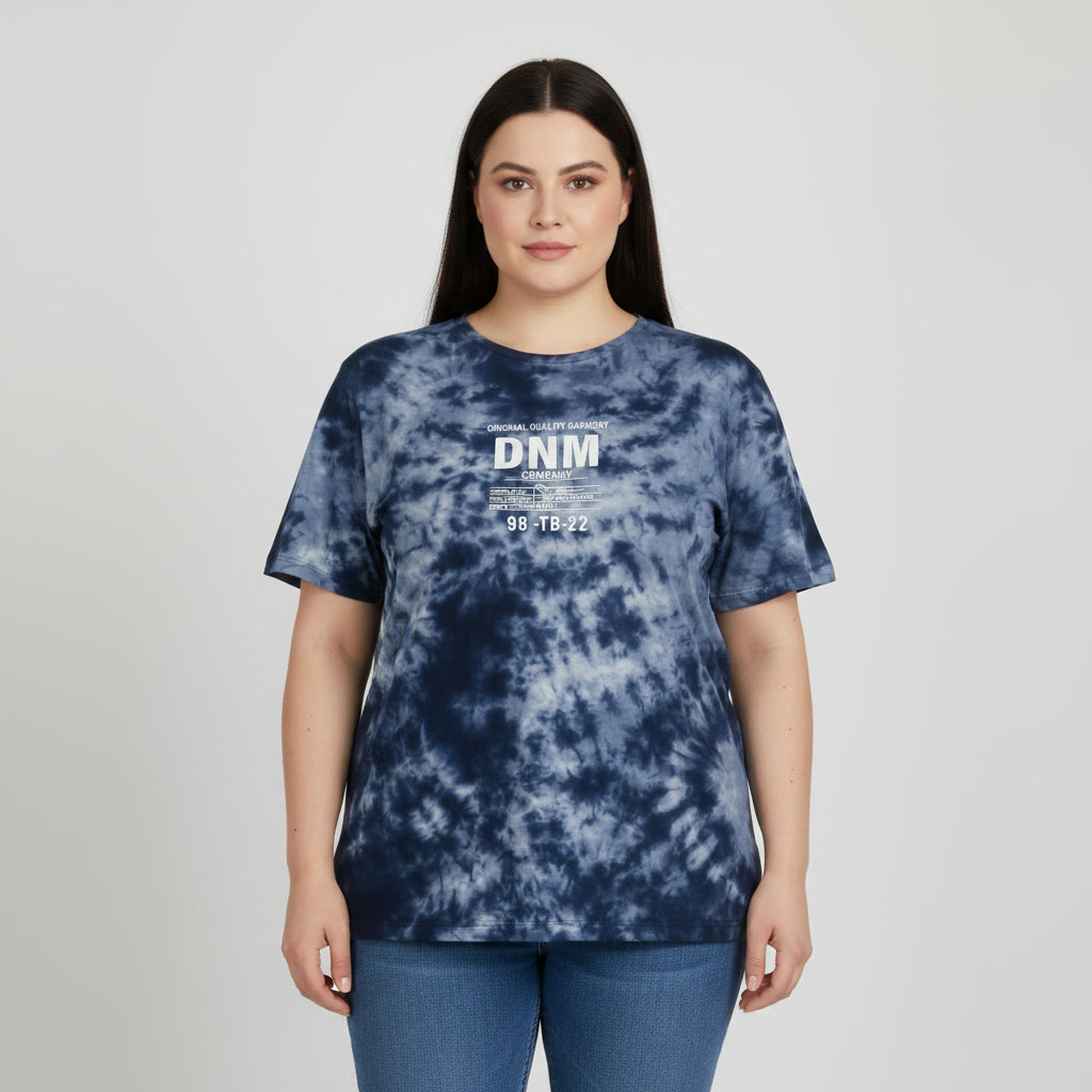 Tie-dye t-shirt with text on a white background