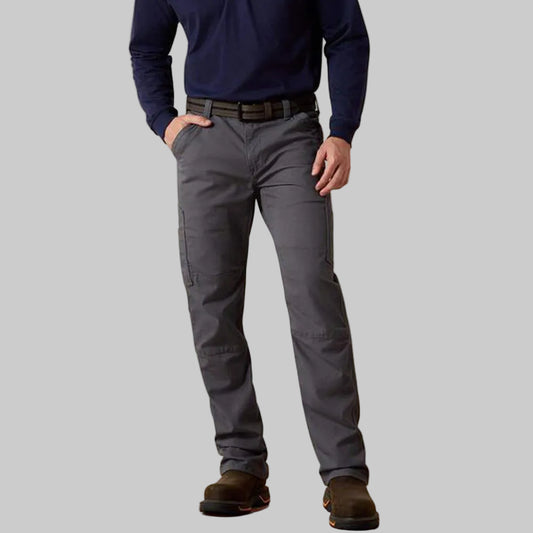 Iron grey utility straight-leg jeans with reinforced belt loops, deep pockets, stretch fabric, and durable workwear design for active use.
