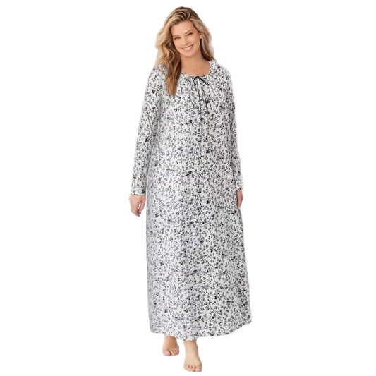 Women’s ivory black floral long knit gown with crochet lace, pintucks, satin ribbon tie, and faux shell buttons, made from soft cotton jersey.