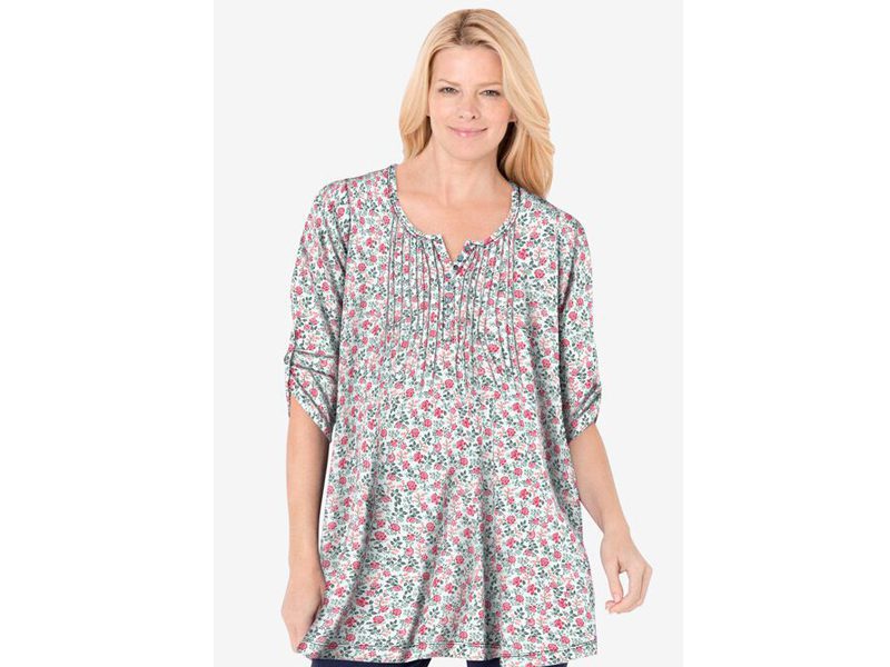 Flower Garden Three Quarter Sleeve Pintuck Henley Tunic PSW-6440