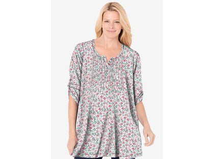 Flower Garden Three Quarter Sleeve Pintuck Henley Tunic PSW-6440