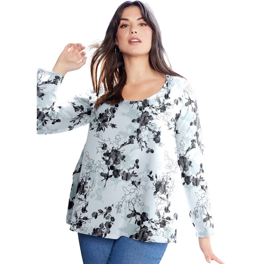 Ivory Long-Sleeve Swing Tee with Layered Floral Print – Relaxed Fit Cotton Blend