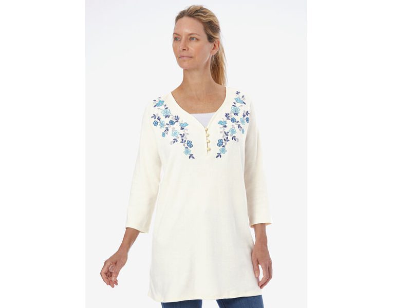 Ivory Layered-Look Embroidered Henley Tunic PSW-6315