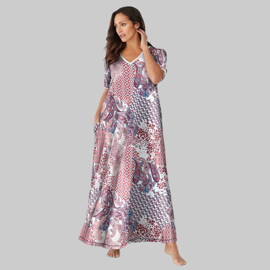 Women’s Ivory Patchwork Long T-Shirt Lounger with V-neck, short sleeves, trapeze fit, maxi length, side pockets, and hem slits in cotton/poly blend.