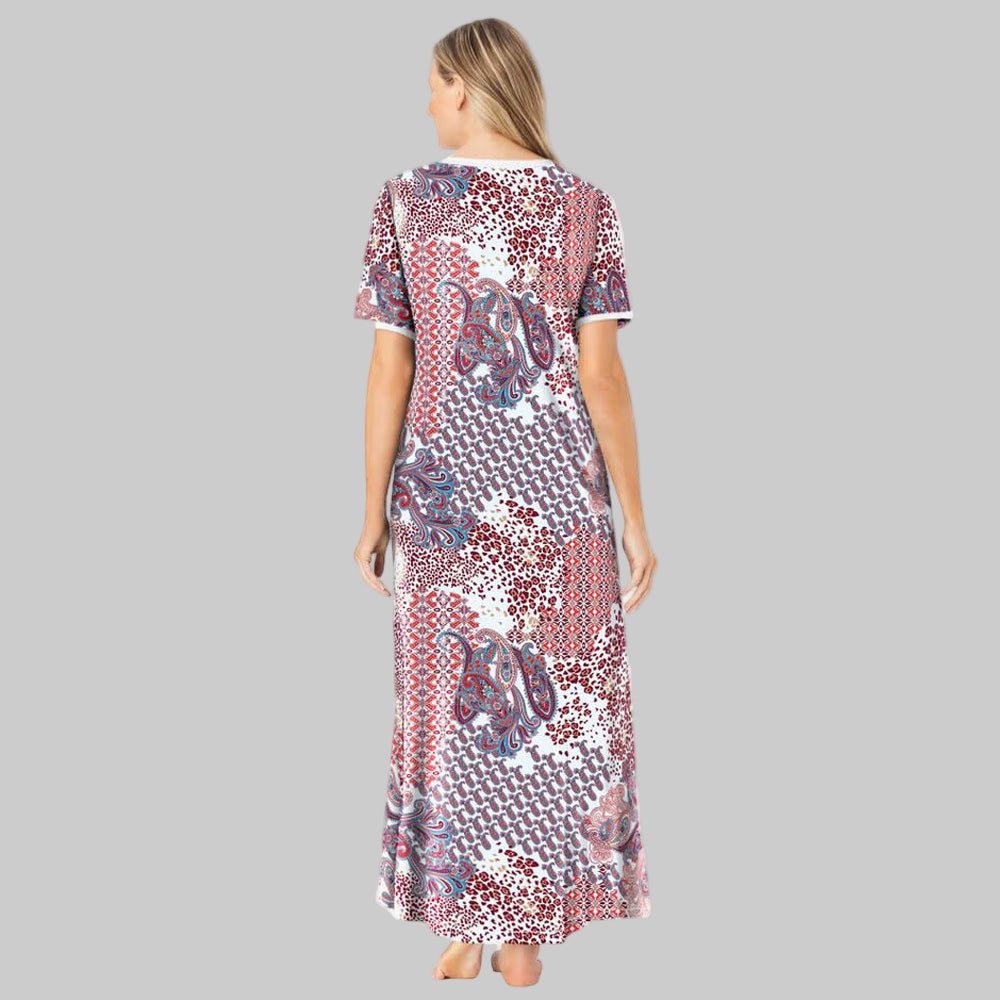 Women’s Ivory Patchwork Long T-Shirt Lounger with V-neck, short sleeves, trapeze fit, maxi length, side pockets, and hem slits in cotton/poly blend.