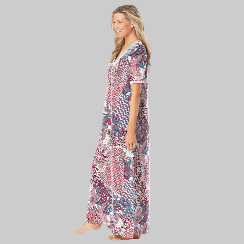 Women’s Ivory Patchwork Long T-Shirt Lounger with V-neck, short sleeves, trapeze fit, maxi length, side pockets, and hem slits in cotton/poly blend.