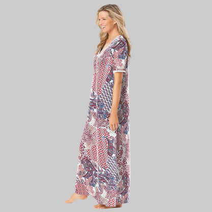 Women’s Ivory Patchwork Long T-Shirt Lounger with V-neck, short sleeves, trapeze fit, maxi length, side pockets, and hem slits in cotton/poly blend.