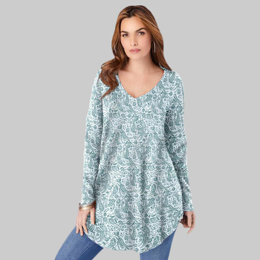 Ivory Sage Paisley Thermal V-Neck Swing Tunic with shirttail hem — soft, lightweight waffle-knit plus size top for cooler days.