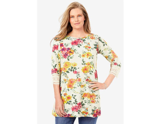 Floral Crochet Trim Three Quarter Sleeve Tunic PSW-5545