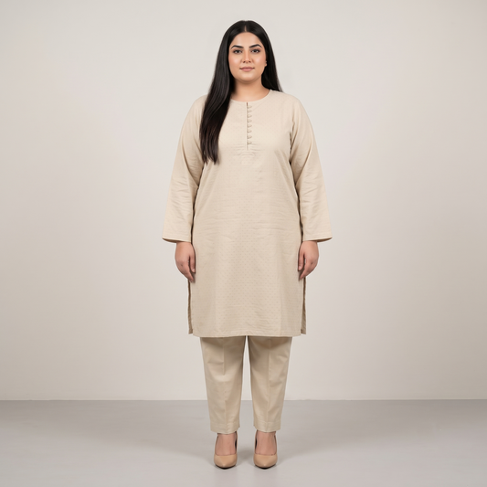 Ivory Sand Textured Dobby Jacquard Co-Ord Set PSW-11416