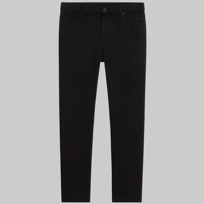 Front view of Jet Black Hyper Stretch Slim Jeans with slim fit cut, button closure, and 5-pocket styling.