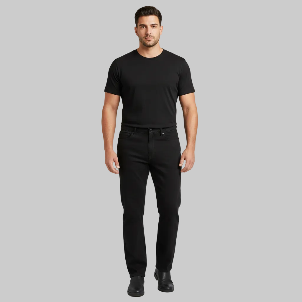 Jet black straight fit denim jeans with mid-rise waist, classic five-pocket design and clean solid finish, front view on light background.