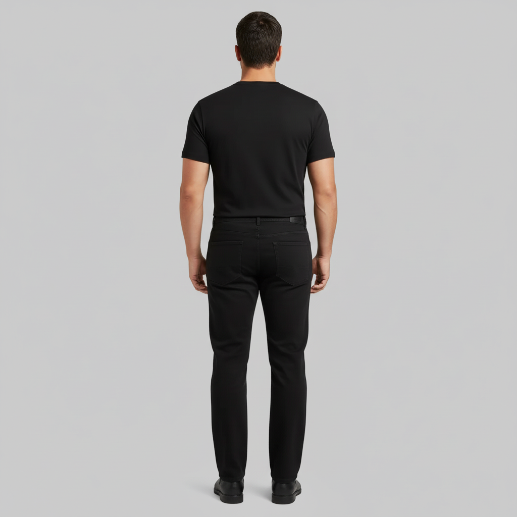 Jet black straight fit denim jeans with mid-rise waist, classic five-pocket design and clean solid finish, front view on light background.