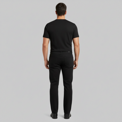 Jet black straight fit denim jeans with mid-rise waist, classic five-pocket design and clean solid finish, front view on light background.