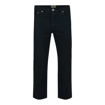Jet black stretch denim jeans for men with straight leg, zip fly, and classic 5-pocket design