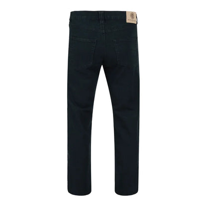 Jet black stretch denim jeans for men with straight leg, zip fly, and classic 5-pocket design