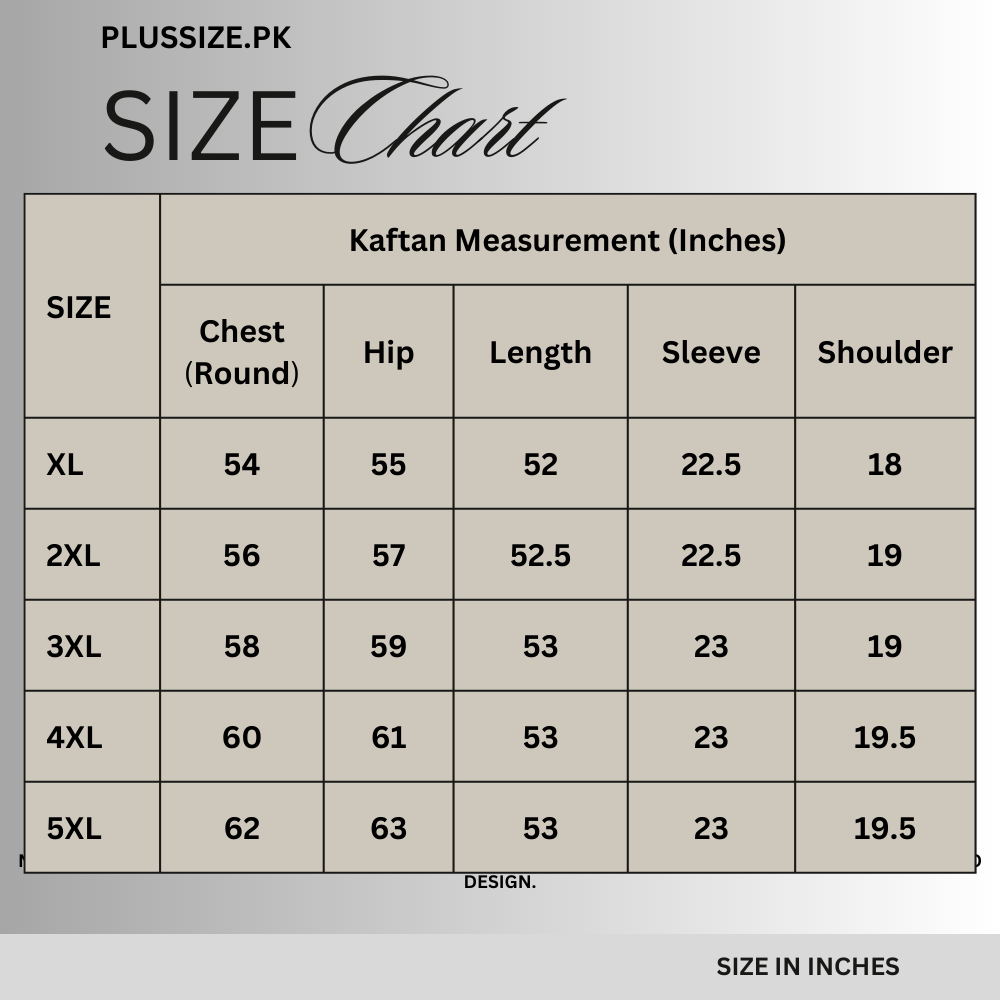 Size chart for Royal Azure Silk Crepe Kaftan PSW-10827