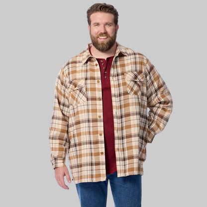 Front view of Khaki Plaid Fleece-Lined Flannel Shirt Jacket for plus-size men on white background.