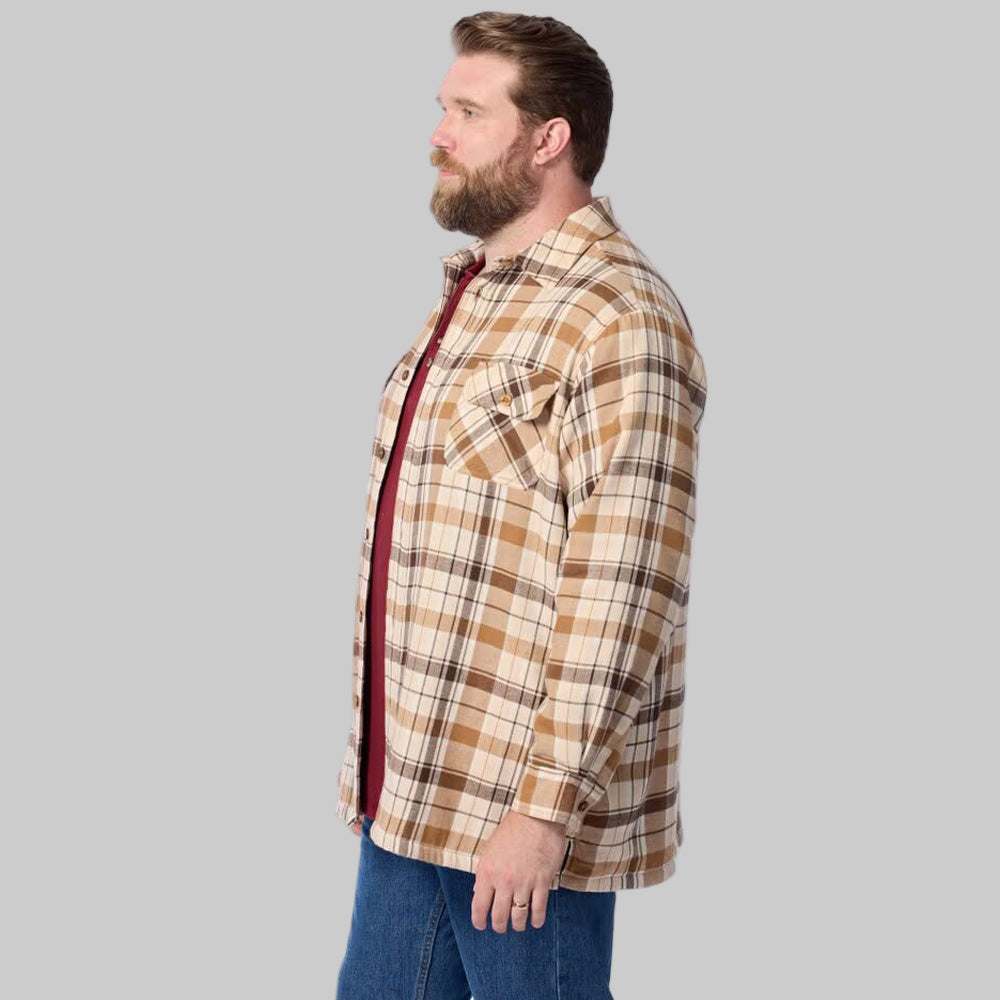 Front view of Khaki Plaid Fleece-Lined Flannel Shirt Jacket for plus-size men on white background.