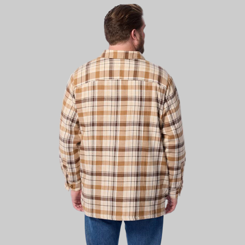 Front view of Khaki Plaid Fleece-Lined Flannel Shirt Jacket for plus-size men on white background.