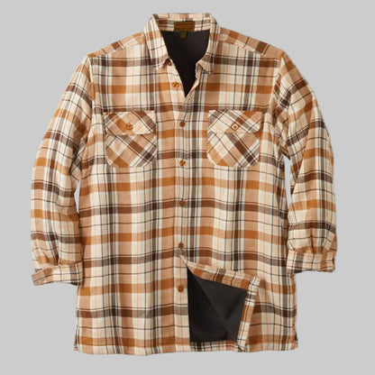 Front view of Khaki Plaid Fleece-Lined Flannel Shirt Jacket for plus-size men on white background.