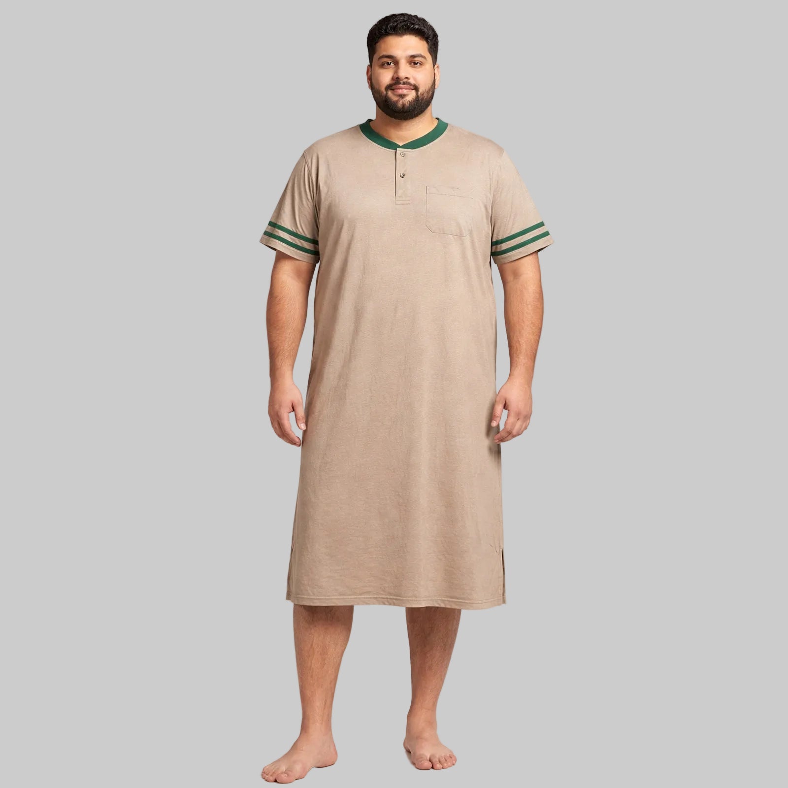 Men’s short sleeve Henley nightshirt with pocket, contrast collar and striped sleeves relaxed sleepwear front view