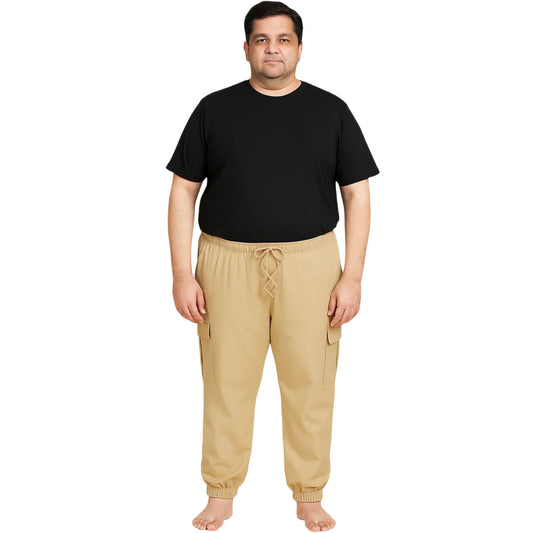 Khaki Plus-Size Cotton Cargo Joggers for Men with Utility Pockets