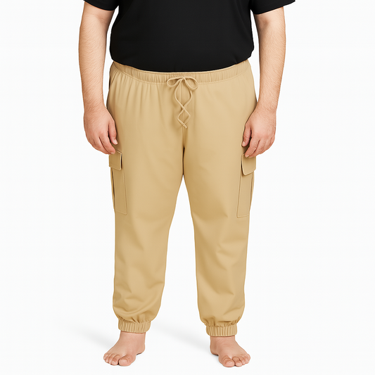 Khaki Plus-Size Cotton Cargo Joggers for Men with Utility Pockets