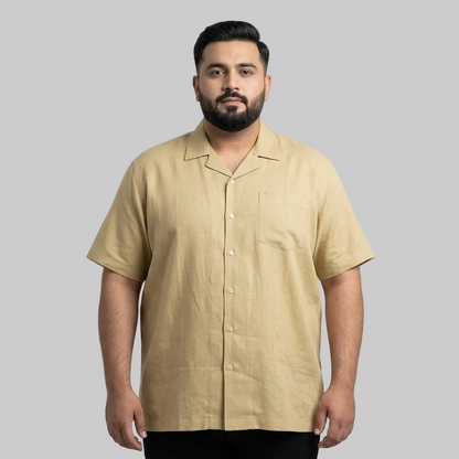 Khaki Beige Irish Linen Cuban Collar Half Sleeve Casual Shirt for Men with Chest Pocket