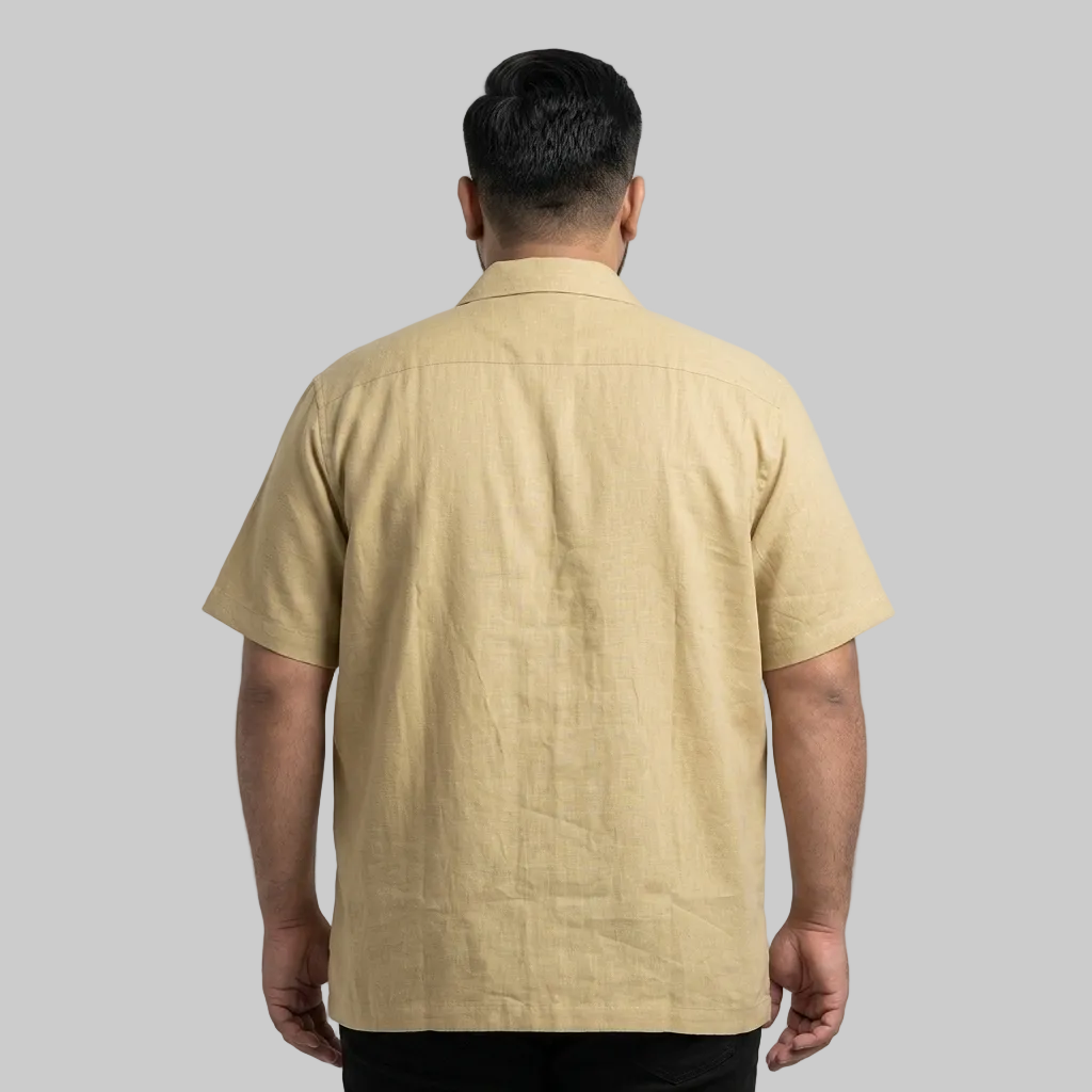 Khaki Beige Irish Linen Cuban Collar Half Sleeve Casual Shirt for Men with Chest Pocket